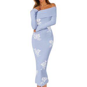 Merokeety Women's Bluewhite Off Shoulder Long Sleeve Elegant Bodycon Midi Dress